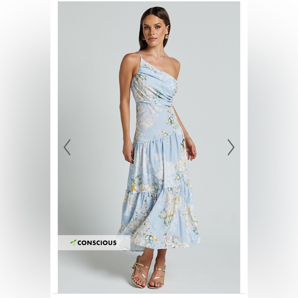 Showpo. ZOPHIA MIDI DRESS - ONE SHOULDER TIERED DRESS IN AQUA BOTANICAL PRINT